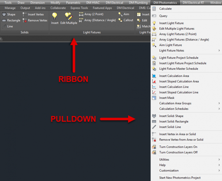 An image showing the Design Master Photometrics ribbon and pulldown menu.